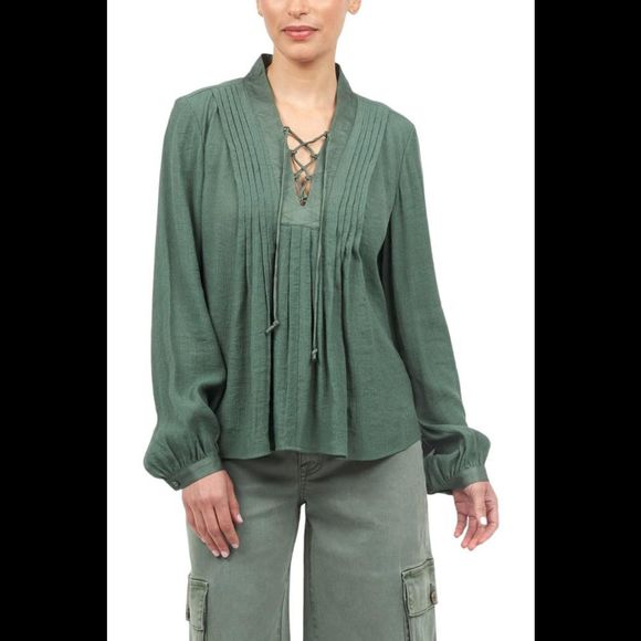 La Joie Micro Crepe Lace-Up Pleated Blouse Duck Green - Regular - Picture 1 of 1